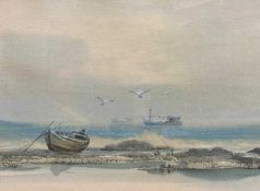 Vasan (Vietnamese, 20th century) Coastal scene with a beached boat in the foreground and ships out