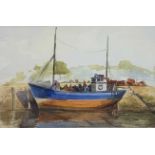 British School, 20th Century, Moored fishing boat, watercolour, indistinctly signed, framed and