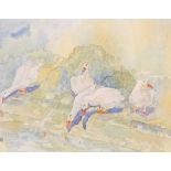 British, contemporary, Geese on the riverbank, pen, watercolour and wash, indistinctly initialed,
