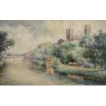 Beatrice Leatham, Durham Cathedral and Castle from the banks of the River Wear, watercolour, signed,