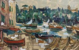 Attributed to John Tookey, British contemporary, Harbour scene, ink, watercolour boat scene.