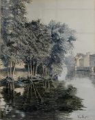 Ken Bizon (British, 20th century) "Fishing on The Wensum, Norwich", pencil and watercolour, signed