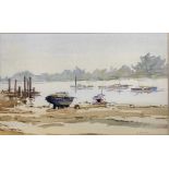 British school, A riverbank view out across beached boats,watercolour, signed "Reddell", mounted,