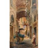 Continental school, Spanish street scene, ink and watercolour, indistinctly signed, framed and