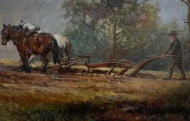 Geoffrey Mortimer (British, 20th century), "Ploughing", oil on board, 6.5x9.5ins, framed.