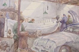 Thomas William Armes (British, 1894-1963), A double-sided watercolour, depicting a boatyard workshop