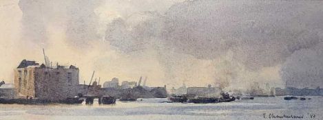 British school, An unidentifiable port / Industrial scene, watercolour and wash, inditinctly signed,