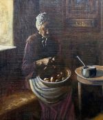 Woman peeling potatoes, oil on canvas,17x15ins, framed