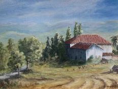 Angela McGhee (British, contemporary), Farmhouse in Spain, oil on board, signed, framed