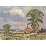 Martin Walton RA (British, 1932-2018), Landscape with a figure and cow before a farmstead, Norwich