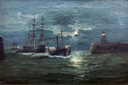 Frederick Haynes (British,19th century) Shipping scene at night, oil on canvas, signed, framed.