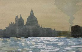 Bert Wright R.S.M.A,"Venice, Salute at dusk" watercolour, signed, mounted and unframed, plus two