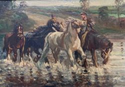 In the manner of Geoffrey Mortimer (British, 20th century), Shire horses and riders traveling