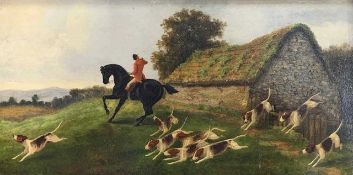 British School, Early 20th Century, Fox hunting scene with a lone rider and hounds, oil on canvas,