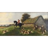 British School, Early 20th Century, Fox hunting scene with a lone rider and hounds, oil on canvas,