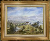 Angela McGhee (British, contemporary) Ronda Mountains,Spain, oil on board, signed, framed.