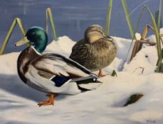 Norman Kelly (Canadian, 20th century), A pair of scenes depicting Mallards in the snow, oil on
