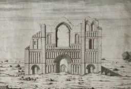 British School, Three Prints of Castle Acre Priory by various artists; the ruins of the west front