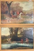 British School, 20th century, A pair of hunting scenes, oil canvas, indistinctly signed, framed.