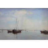 James Longueville RBSA PS (British, contemporary), "Mist Clearing, Pin Mill", oil on board,