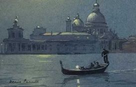 Dennis Pannett (British, contemporary), "Moonlight by the Salute", watercolour and wash, signed,