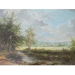 Attributed to John Mace (British, 20th century) A riverbank view with a distant church and