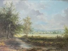 Attributed to John Mace (British, 20th century) A riverbank view with a distant church and