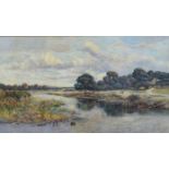 British School (20th century) A riverside landscape with grazing cattle, watercolour, signed 'E.A.