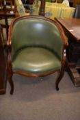 20th century green leather upholstered small tub chair on cabriole legs, 60cm wide