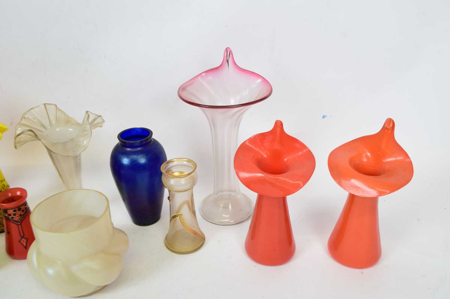 Quantity of coloured glass jack in the pulpit vases including some Art Nouveau Loetz style examples, - Image 2 of 3