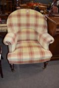 Good quality reproduction bow back armchair upholstered in tartan fabric, raised on turned legs with