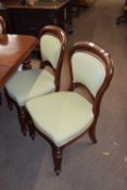 Set of six Victorian mahogany framed and balloon back dining chairs with upholstered seats and backs