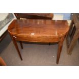 19th century mahogany D-formed tea table with folding top raised on tapering legs, 92cm wide