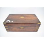 19th century mahogany writing slope with fitted compartments for inkwells etc, brass bound