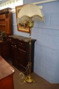 Victorian brass standard oil lamp with electrical conversion and fabric shade, 195cm high