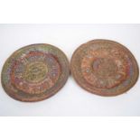 Two copper dishes, possibly Tibetan, with designs of tigers around geometric borders, 23cm wide (2)