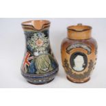 Lambeth Doulton Boer War commemorative jug and further Doulton General Gordon jug, tallest 21cm high