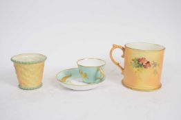 Group of Royal Worcester blush ground wares including a mug, small pot, cup and saucer in
