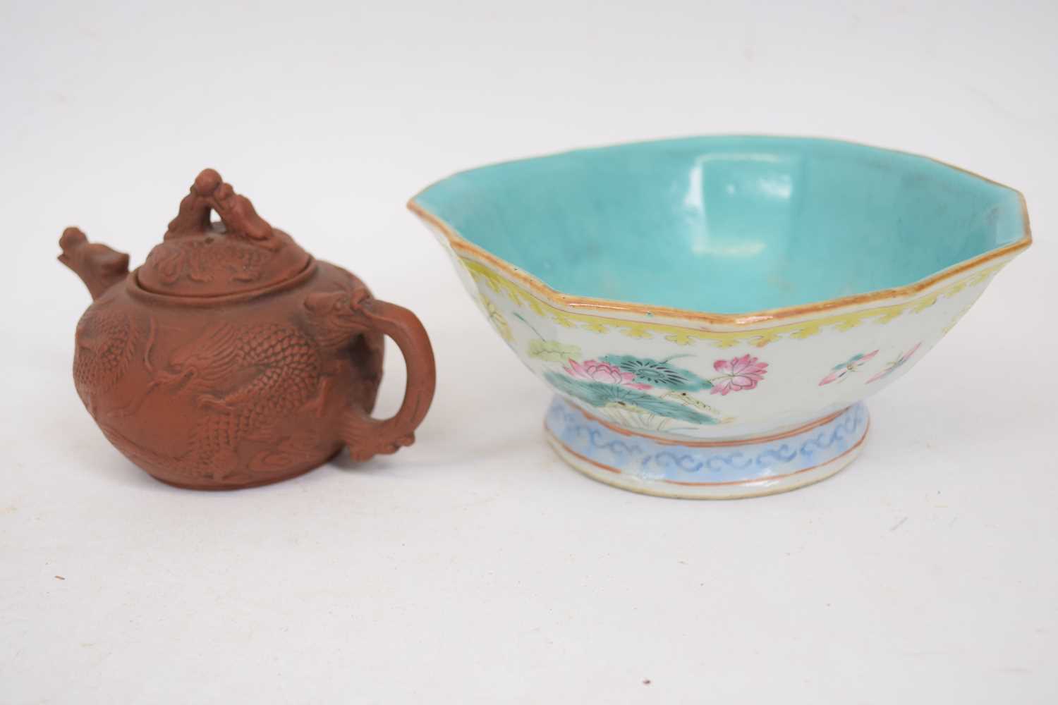Yixing type tea pot together with a shaped Chinese porcelain bowl with a polychrome design of