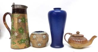 Group of English art pottery including Doulton jug with silver rim, Pilkington vase, Doulton match