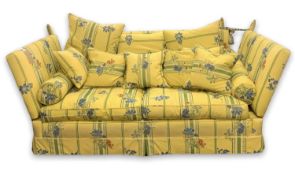 20th century Knole style drop-end sofa upholstered in yellow, floral and striped fabric, 220cm wide