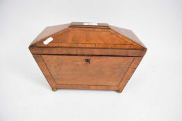 19th century sarcophagus shaped tea caddy with three compartments, 30cm long