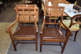 Pair of early 20th century oak carver chairs with meshed backs, 54cm wide