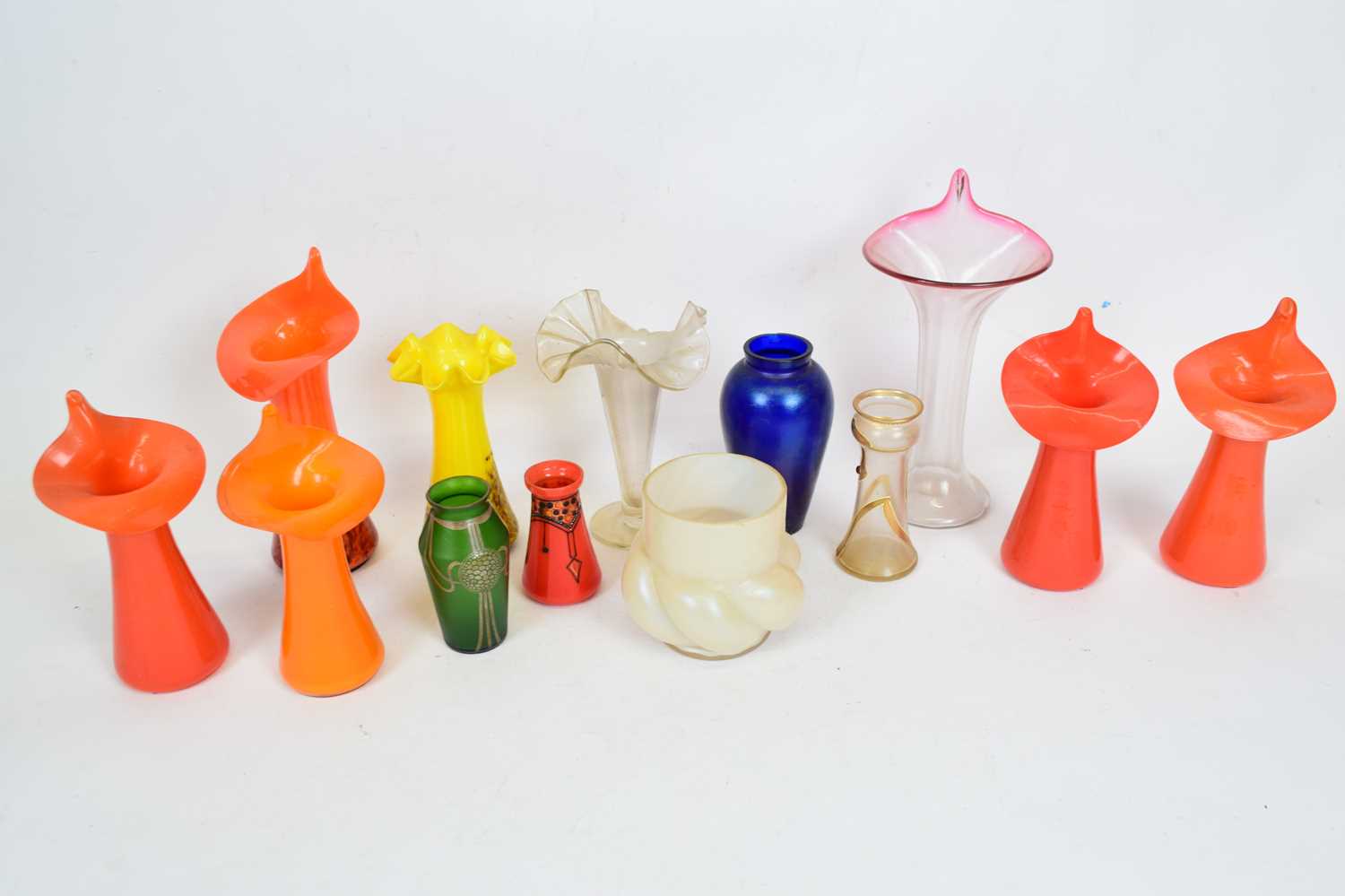 Quantity of coloured glass jack in the pulpit vases including some Art Nouveau Loetz style examples,