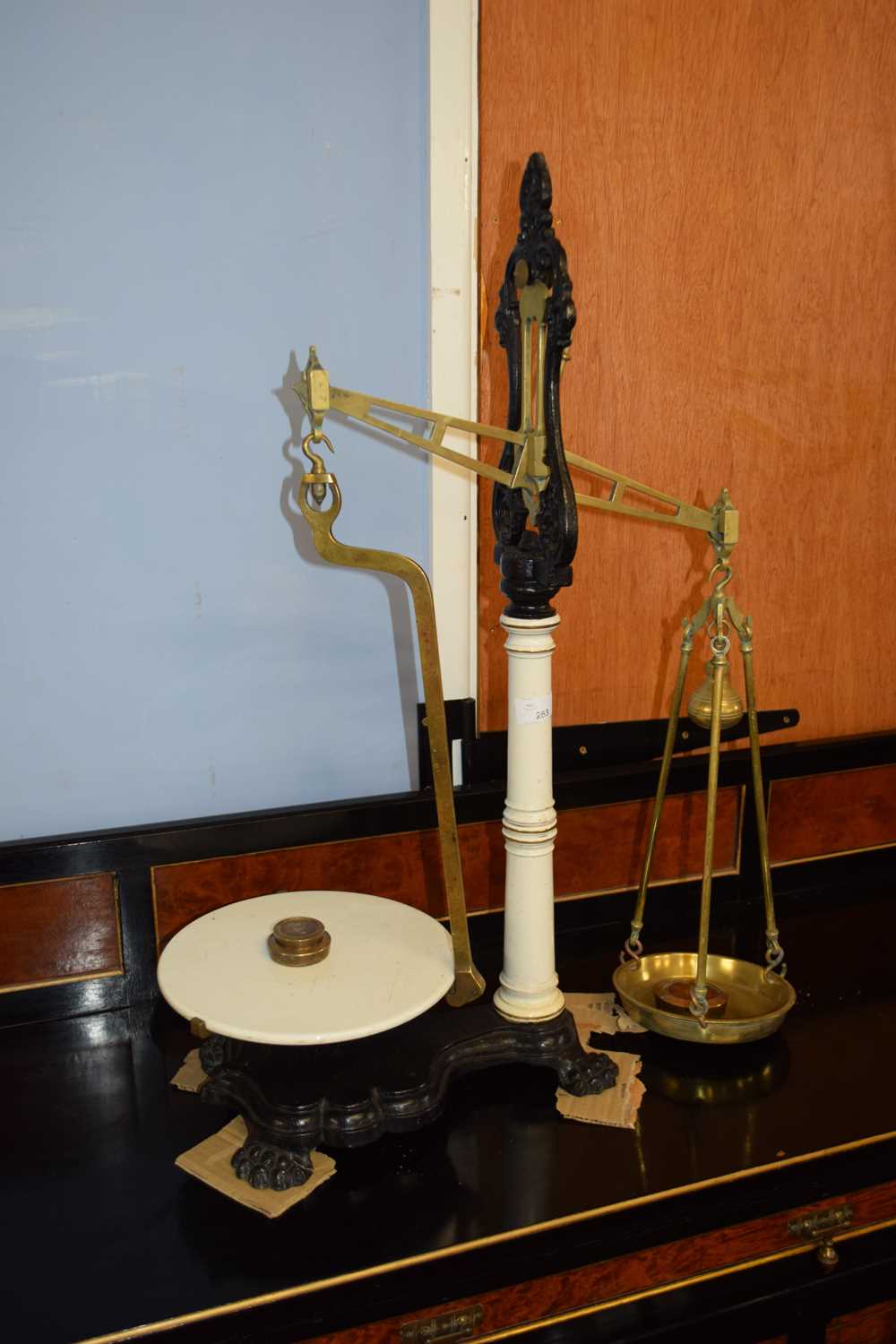 19th century set of brass, iron and porcelain beam scales, 75cm high