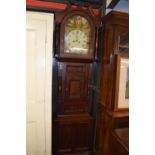 Large 19th century North Country longcase clock, the mahogany case with broken arch pediment, turned