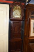 Large 19th century North Country longcase clock, the mahogany case with broken arch pediment, turned