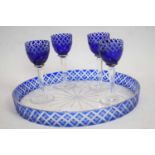 Glass circular dish, blue coloured border with four small blue coloured dishes