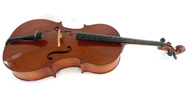 20th century cello, no maker's label seen, 123cm high, together with carrying case and bow