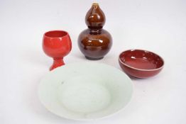 Group of Chinese ceramic wares including a celadon dish, further flambe type small bowl, a gourd